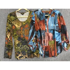Lot of 2 Womens Blouses Indigo Moon Paisley & Zac Rachel Abstract Print Large